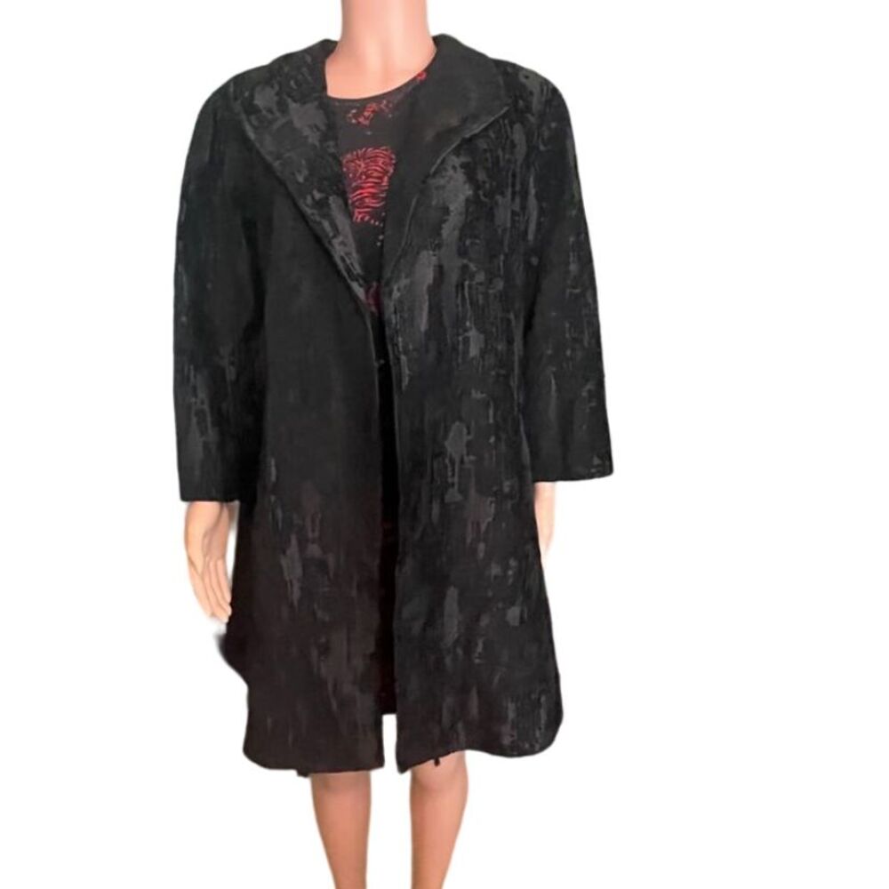 Eileen Fisher Women's Patina Jaquard Open front Coat Stretch, black, plus Sz. 1X
